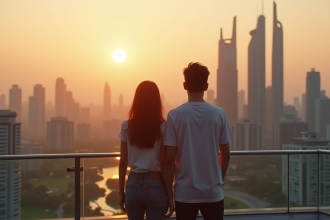 Jeune couple sur un rooftop avec vue sur une ville futuriste au lever du soleil