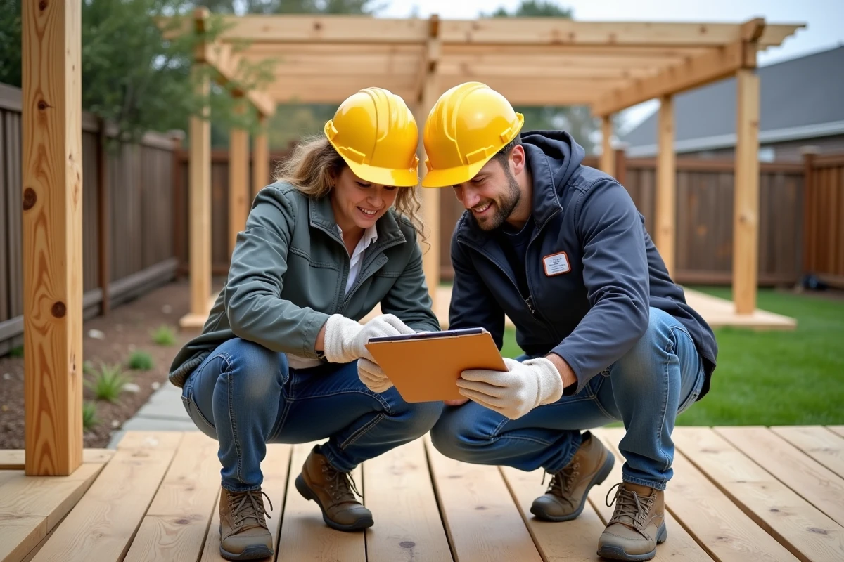 Couple de bricoleurs avec casques et gants vérifiant une checklist de sécurité certifiée sur un chantier de terrasse extérieure