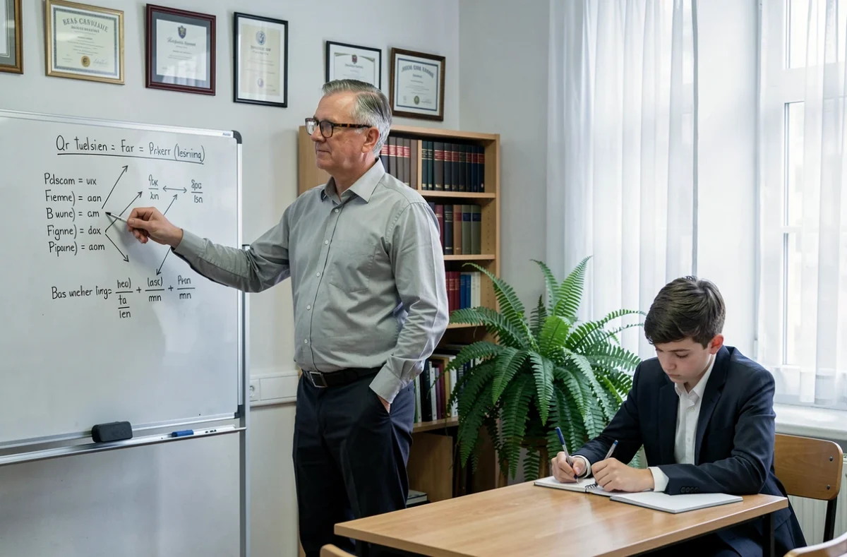 Enseignant Cours Legendre donnant une leçon structurée devant un tableau blanc dans une salle de classe professionnelle