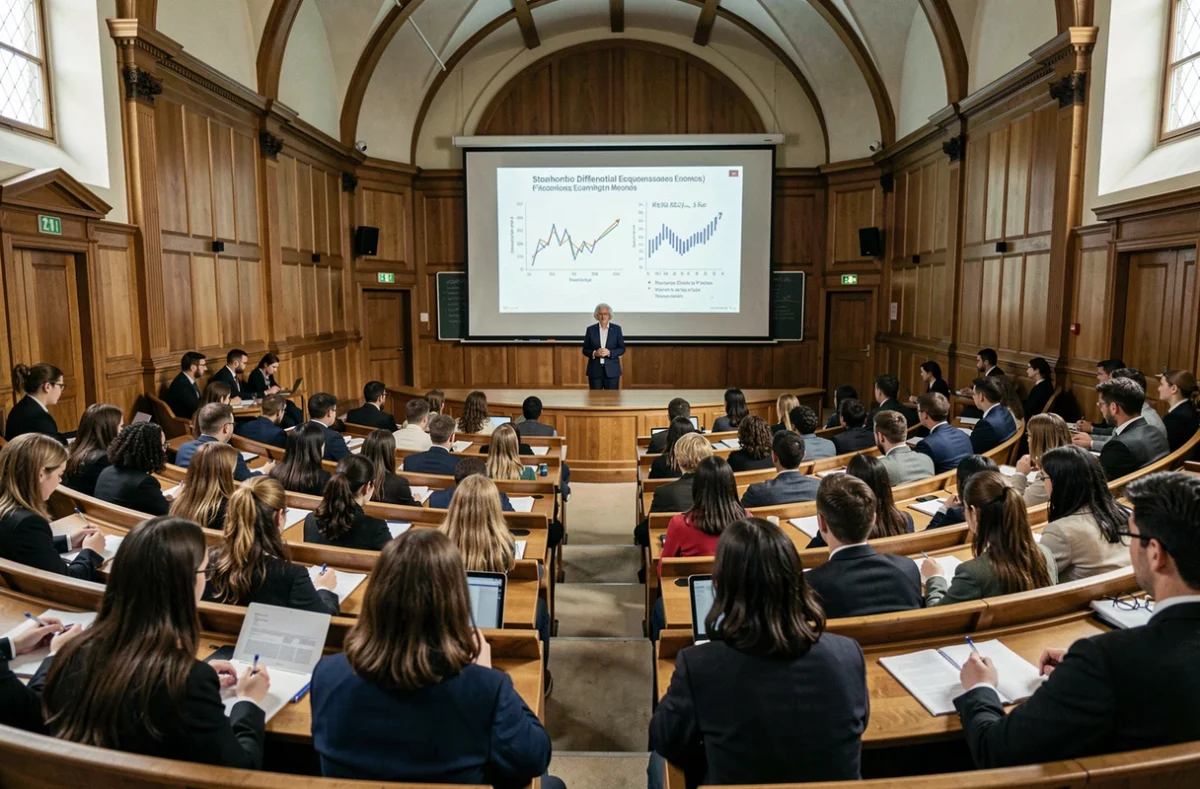 Amphithéâtre universitaire avec une professeure enseignant les mathématiques financières à des étudiants attentifs