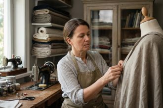 Femme couturiere concentrée à son atelier de couture