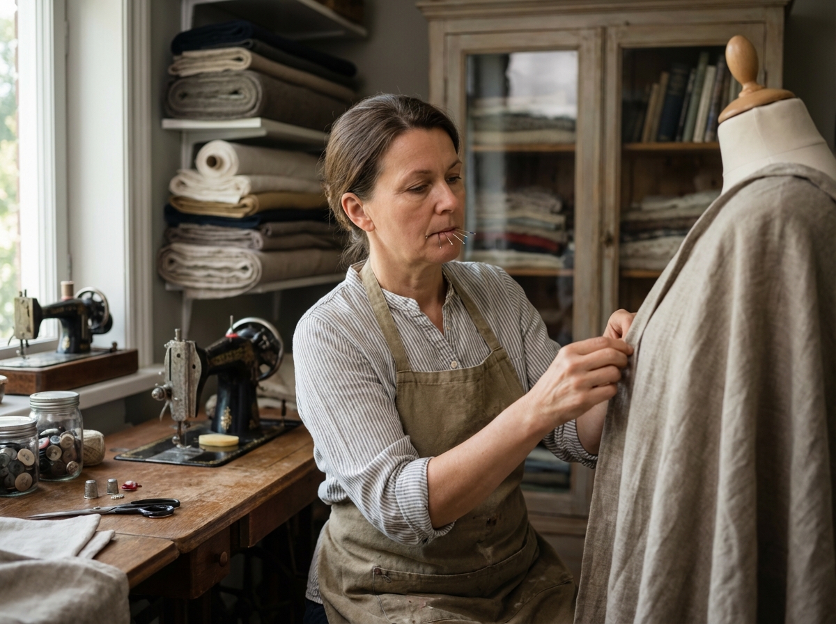 Femme couturiere concentrée à son atelier de couture