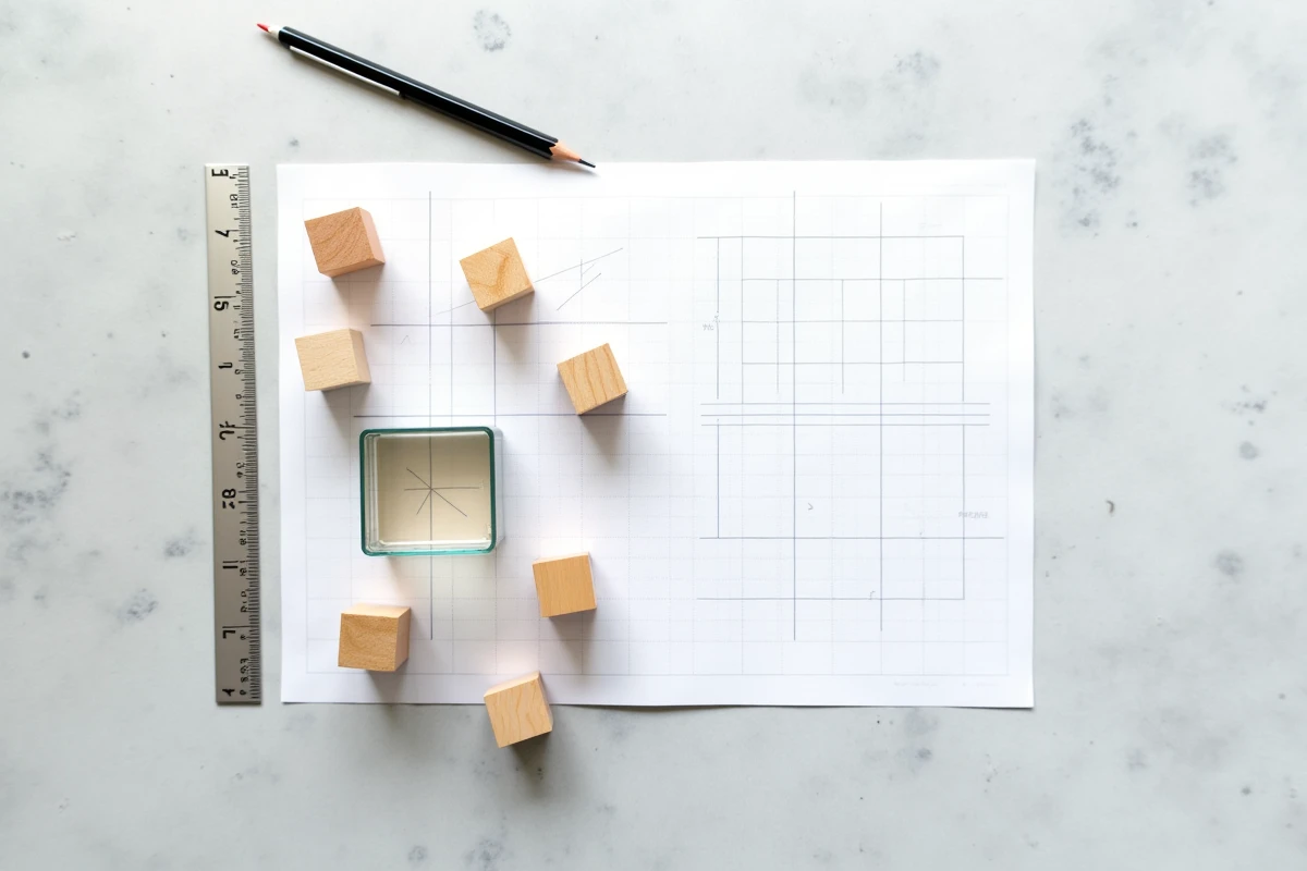 Cubes en bois et acrylique disposés sur du papier millimétré pour illustrer le calcul de volume en géométrie