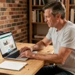 Homme débutant en bricolage suivant une formation en ligne de certification sur son ordinateur portable à domicile