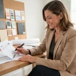 Une décoratrice d'intérieur professionnelle explique un devis de décoscope à une cliente dans un studio de design moderne