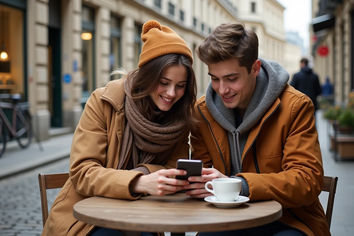 Deux étudiants de Sciences Po Bordeaux consultant ensemble un portail académique sur smartphone en terrasse de café