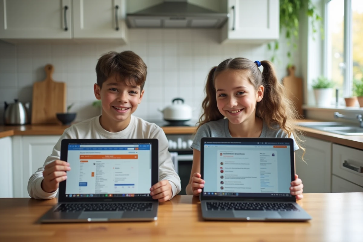 Deux lycéens organisant leur travail scolaire en ligne ensemble depuis la cuisine familiale sur laptop et tablette