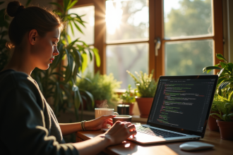 Développeur travaillant à domicile avec plantes et café