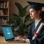 Diplômée en robe universitaire consultant son accès au portail LEO UGA sur un ordinateur portable après l'obtention de son diplôme
