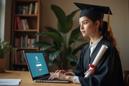 Diplômée en robe universitaire consultant son accès au portail LEO UGA sur un ordinateur portable après l'obtention de son diplôme