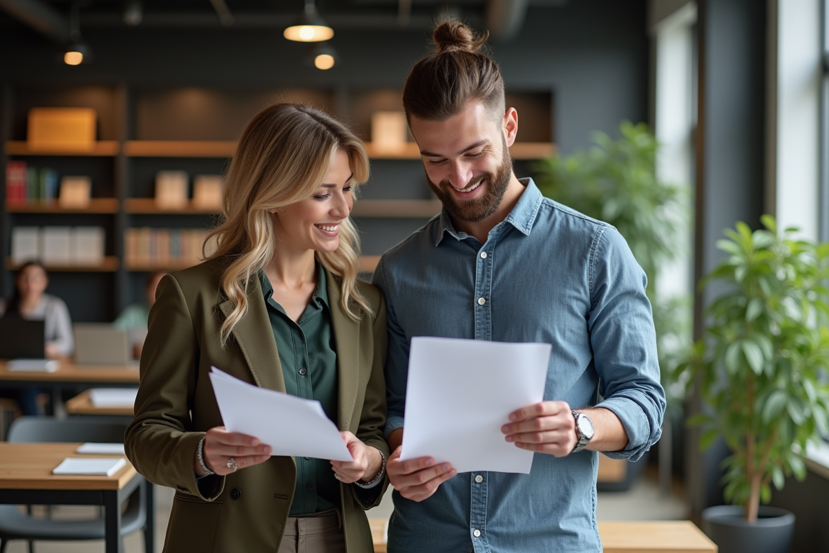 Homme et femme discutant dans un espace de coworking