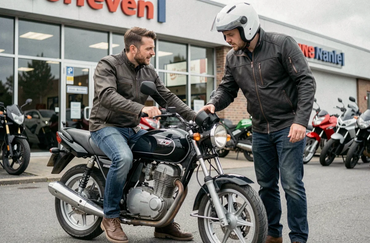 Deux hommes discutant des avantages d'une moto 125 cm3 devant un concessionnaire, analysant les différences avec le permis moto A2
