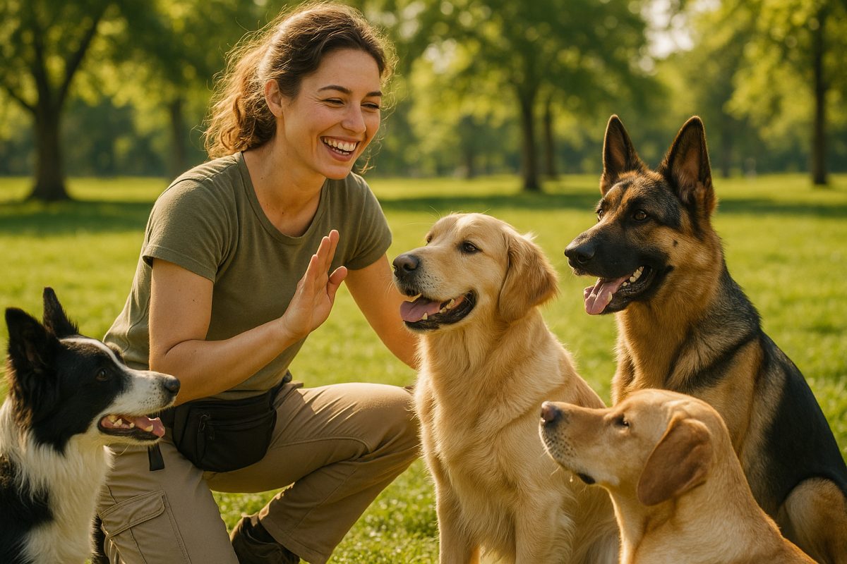 Jeune femme souriante dressant des chiens dans un parc ensoleille