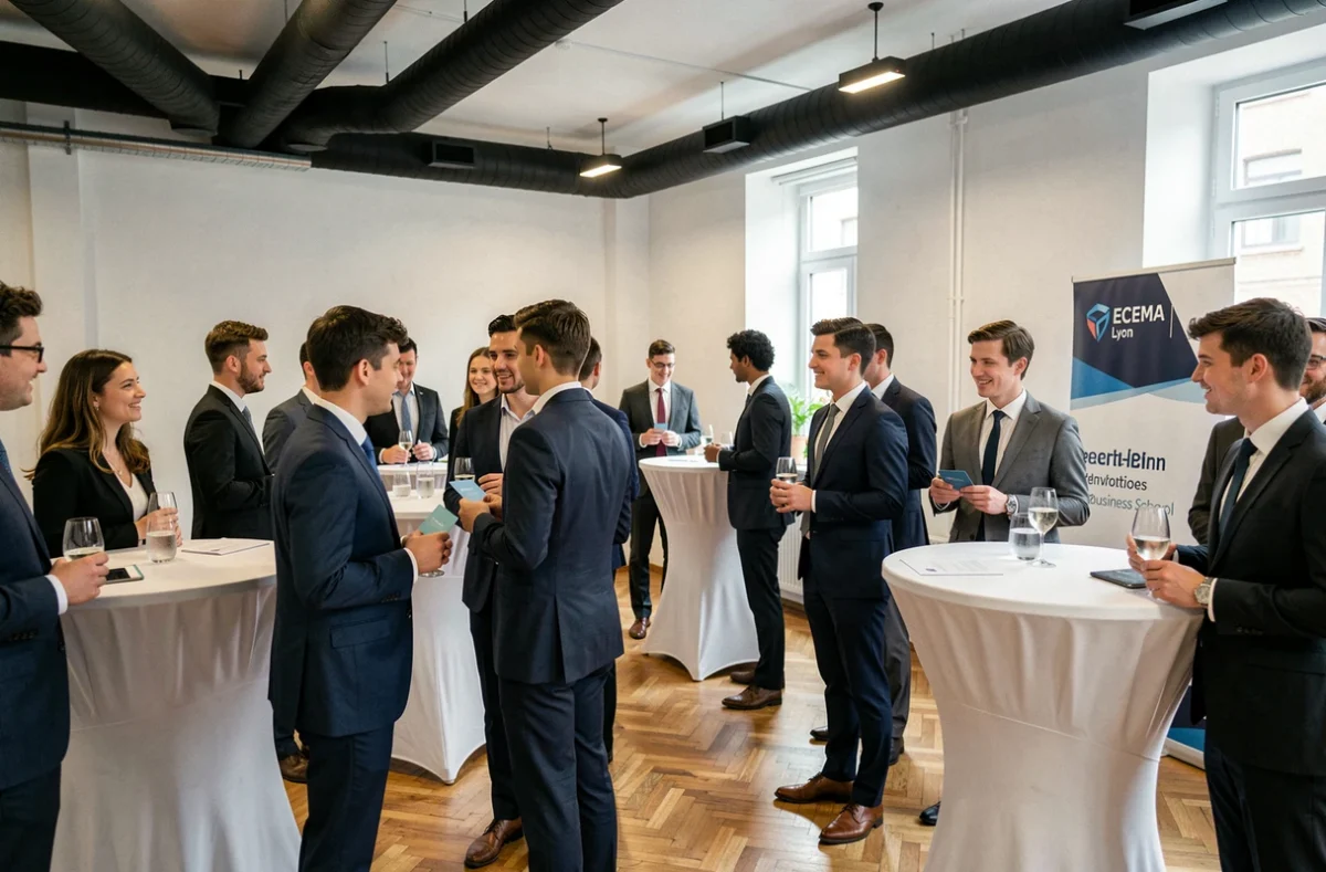 Événement de networking étudiant dans les locaux d'ECEMA Lyon avec jeunes professionnels échangeant des cartes de visite