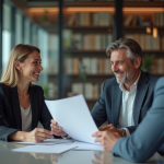 Deux adultes souriants échangent des documents dans un bureau moderne