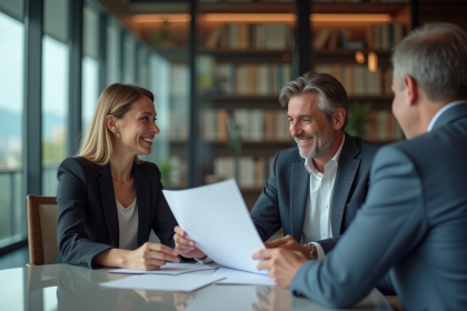 Deux adultes souriants échangent des documents dans un bureau moderne