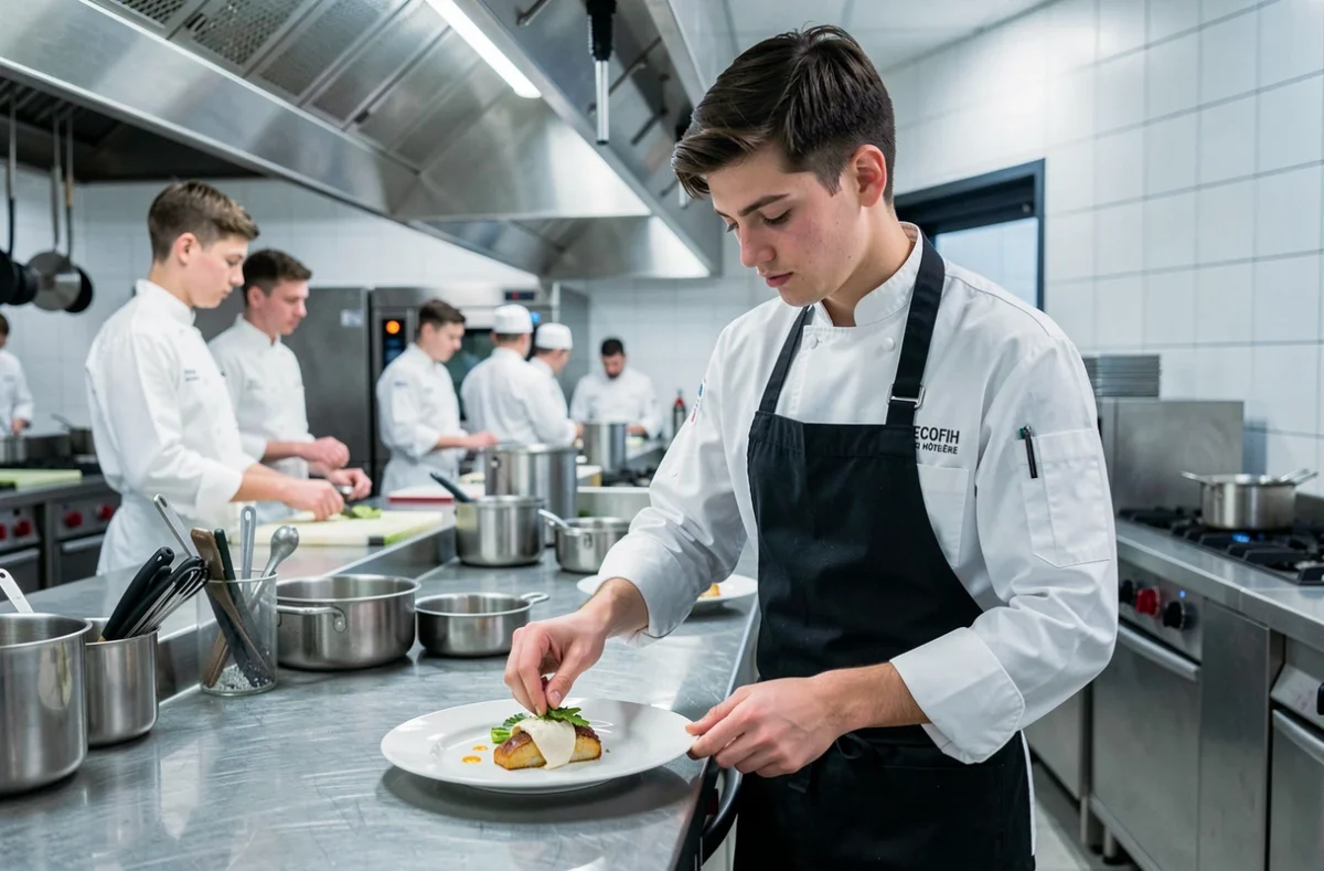Étudiant en tenue de chef en train de dresser une assiette dans la cuisine pédagogique de l'école hôtelière ECOFIH