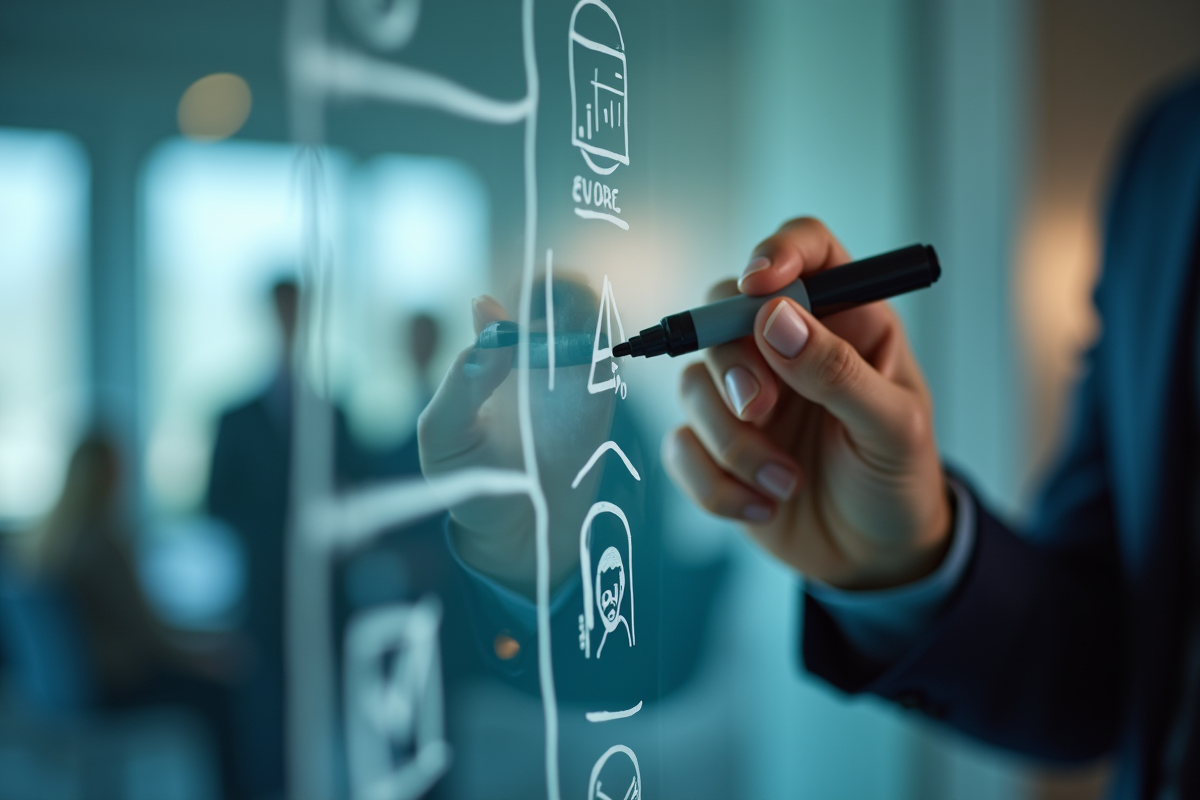 Main écrivant objectifs de formation sur un tableau blanc
