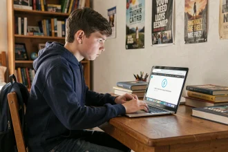 Élève adolescent frustré devant un écran d'ordinateur portable affichant une erreur de connexion internet, assis à son bureau dans sa chambre