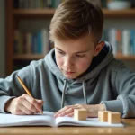 Adolescent résolvant des exercices sur le volume d'un cube avec des cubes en bois sur son bureau