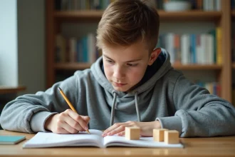 Adolescent résolvant des exercices sur le volume d'un cube avec des cubes en bois sur son bureau
