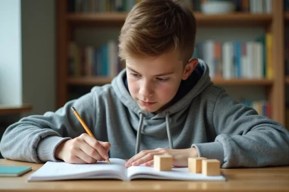 Adolescent résolvant des exercices sur le volume d'un cube avec des cubes en bois sur son bureau