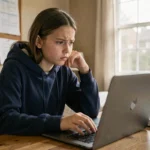 Adolescente frustrée devant son ordinateur portable tentant de se connecter à l'ENT scolaire depuis sa chambre