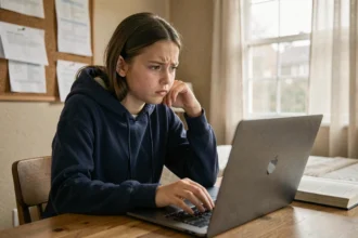 Adolescente frustrée devant son ordinateur portable tentant de se connecter à l'ENT scolaire depuis sa chambre
