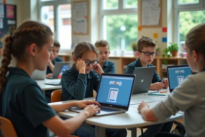 Groupe de collégiens français utilisant des ordinateurs en classe