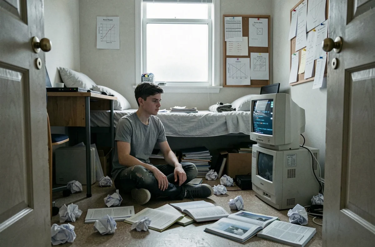 Adolescent assis sur le sol d'une chambre de cité universitaire entouré de copies froissées et de livres de code, symbolisant les échecs scolaires et la persévérance dans le parcours d'Elon Musk