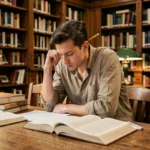 Jeune homme étudiant seul dans une bibliothèque universitaire entouré de manuels de physique et d'économie, illustrant le parcours académique exigeant d'Elon Musk
