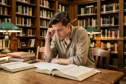 Jeune homme étudiant seul dans une bibliothèque universitaire entouré de manuels de physique et d'économie, illustrant le parcours académique exigeant d'Elon Musk
