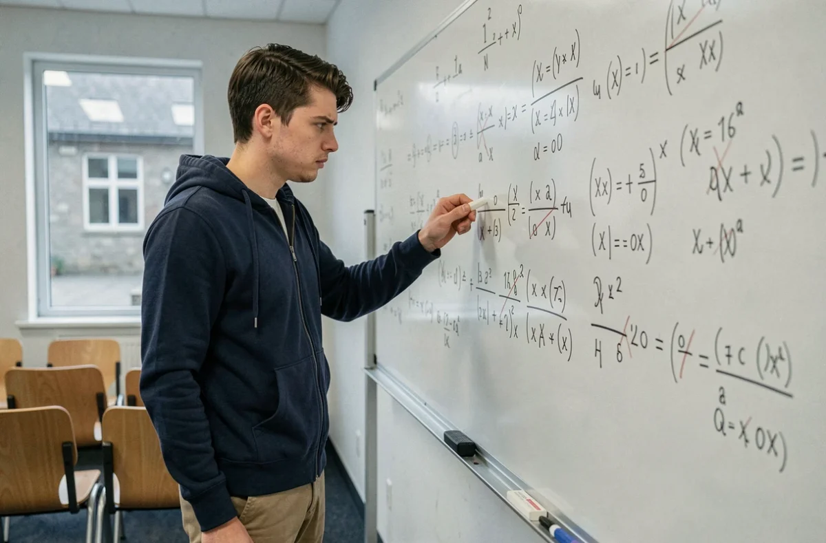 Jeune homme concentré devant un tableau blanc couvert d'équations dans une salle de cours universitaire, évoquant les défis académiques et intellectuels du parcours scolaire d'Elon Musk