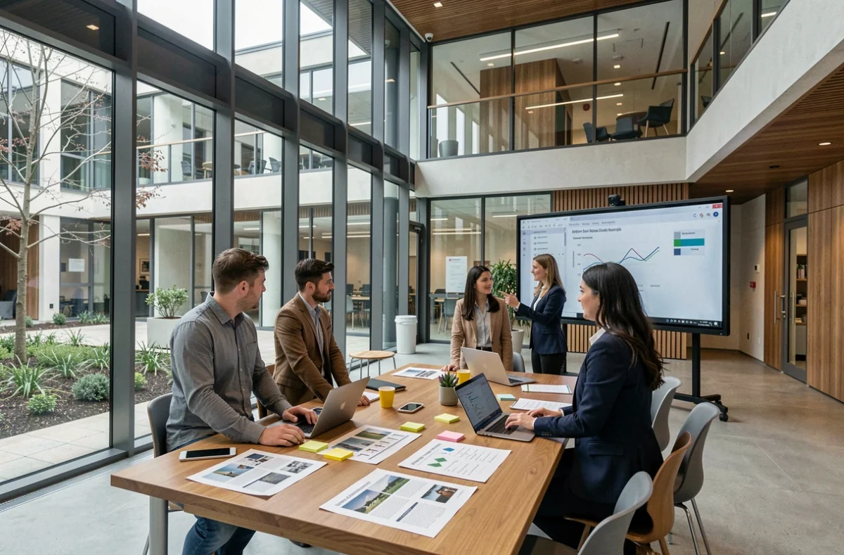Étudiants en groupe de travail dans l'atrium moderne d'emlyon business school avec des parois en verre et une table collaborative