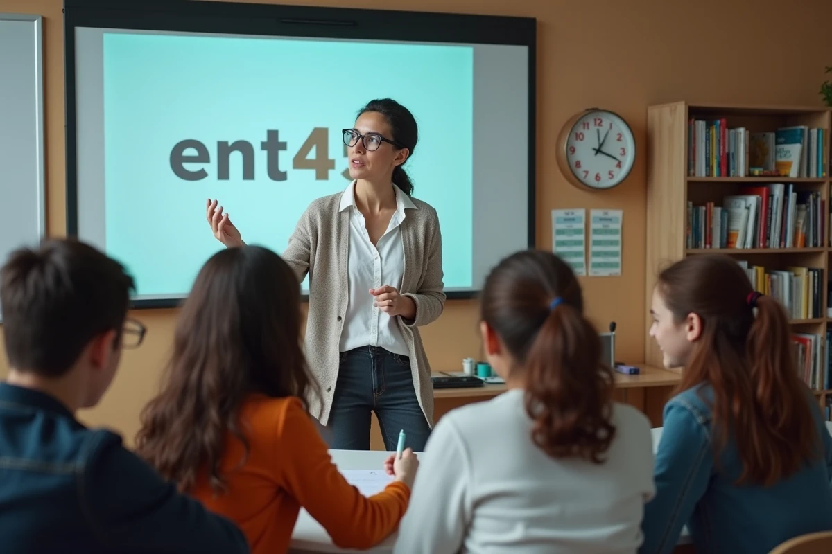 Professeur guidant des élèves avec la plateforme digitale en classe