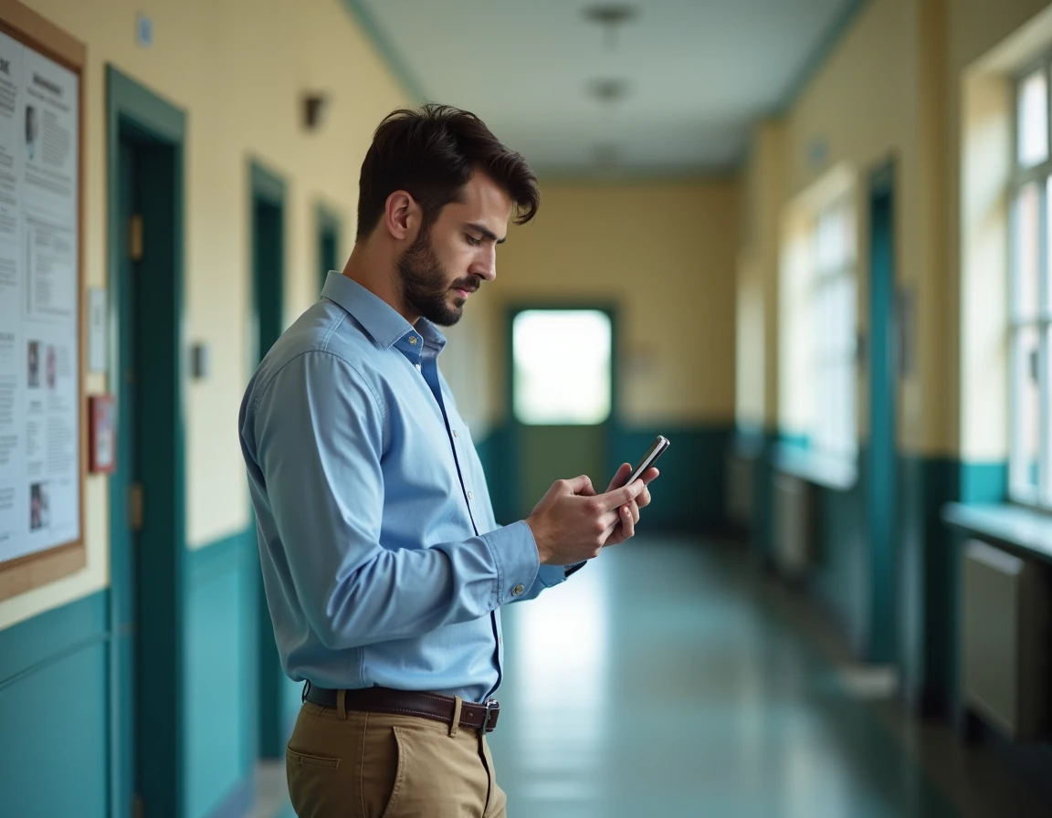 Enseignant consultant les services en ligne de l'Ia49 sur son smartphone dans un couloir scolaire