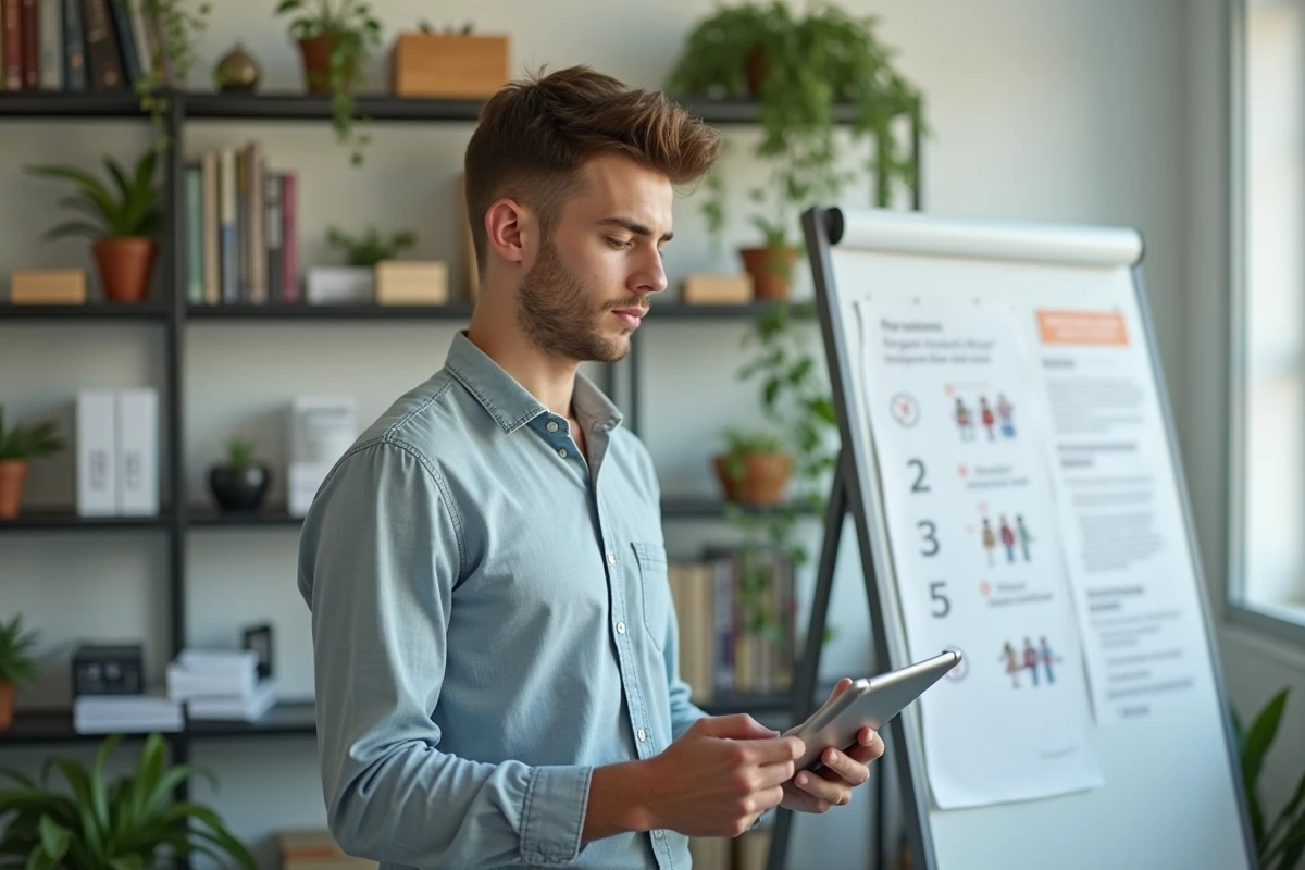 Jeune enseignant utilisant une tablette dans un bureau scolaire