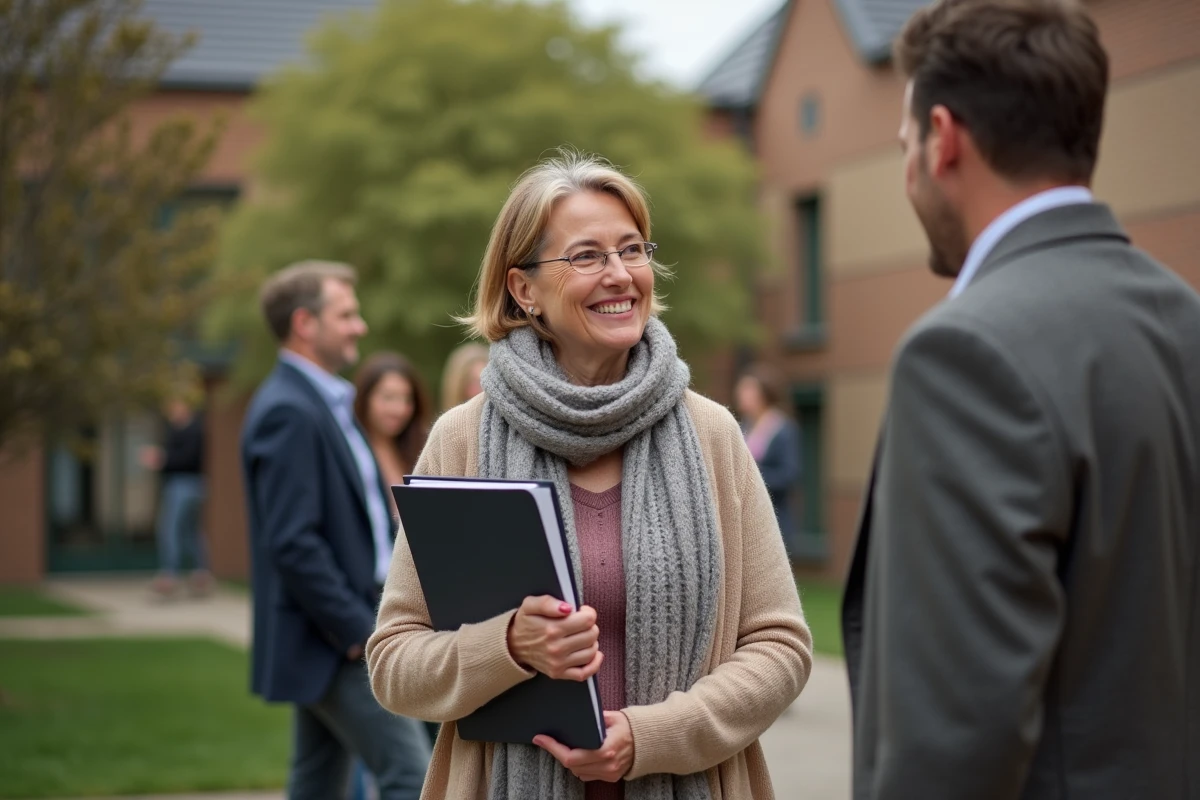 Enseignante souriante dans la cour de l