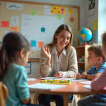 Enseignante en classe maternelle avec enfants curieux