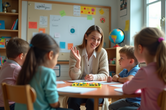 Enseignante en classe maternelle avec enfants curieux