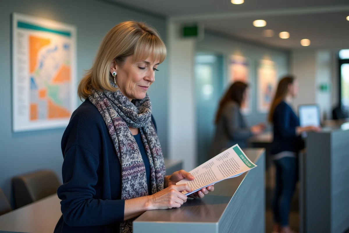 Professeure lisant une brochure à l'accueil de l'Arena Amiens