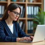 Enseignante utilisant un portail administratif en ligne sur son ordinateur dans une salle de classe