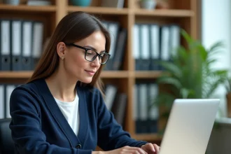 Enseignante utilisant un portail administratif en ligne sur son ordinateur dans une salle de classe