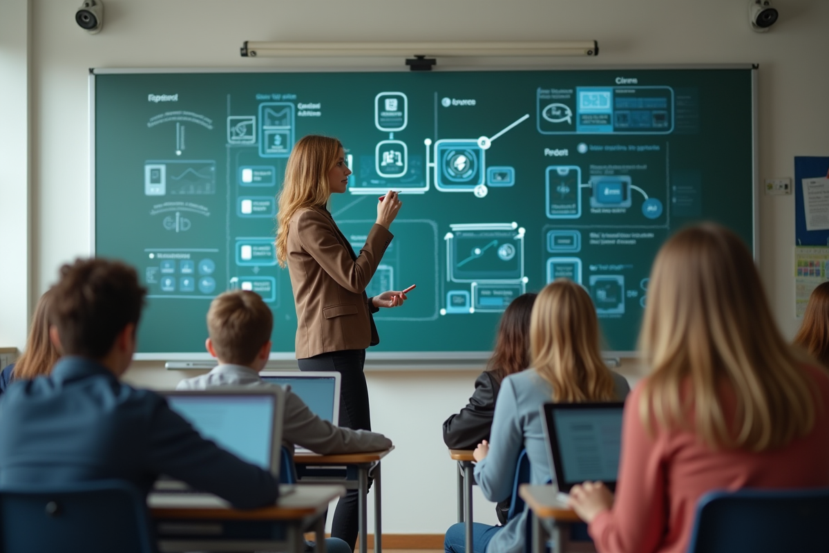 Professeure devant le tableau numérique en classe moderne