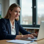Enseignante accédant à son webmail académique sur un ordinateur portable dans une salle des professeurs