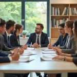 Groupe d'enseignants en réunion dans une salle lumineuse