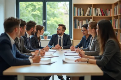 Groupe d'enseignants en réunion dans une salle lumineuse