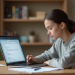 Jeune femme s'entraînant à un exercice de recrutement scolinfo en ligne sur un ordinateur portable dans un bureau home office