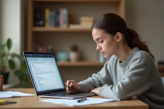 Jeune femme s'entraînant à un exercice de recrutement scolinfo en ligne sur un ordinateur portable dans un bureau home office
