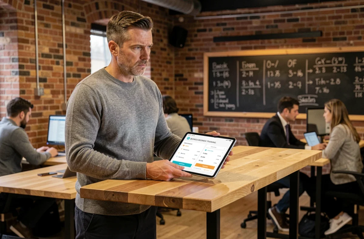 Entrepreneur consultant la hausse des prix d'abonnement au magazine business dans un espace de co-working
